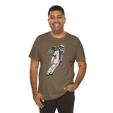 Olive heather crew-neck T-shirt with large gray tentacled figure graphic, front view