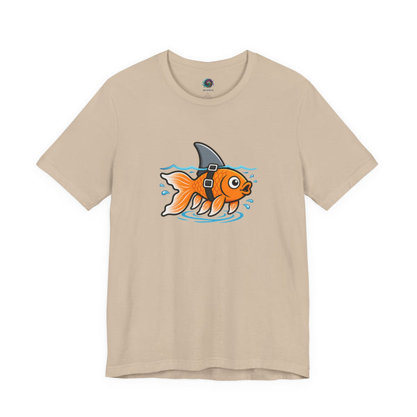 Tan graphic T-shirt with orange fish-shark swimming front print