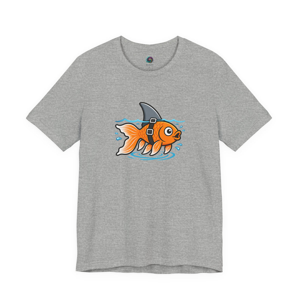 Heather gray T-shirt with cartoon goldfish-and-shark graphic on the chest