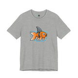 Heather gray T-shirt with cartoon goldfish-and-shark graphic on the chest