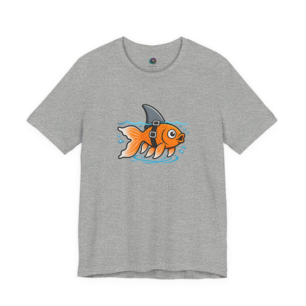 Heather gray T-shirt with cartoon goldfish-and-shark graphic on the chest