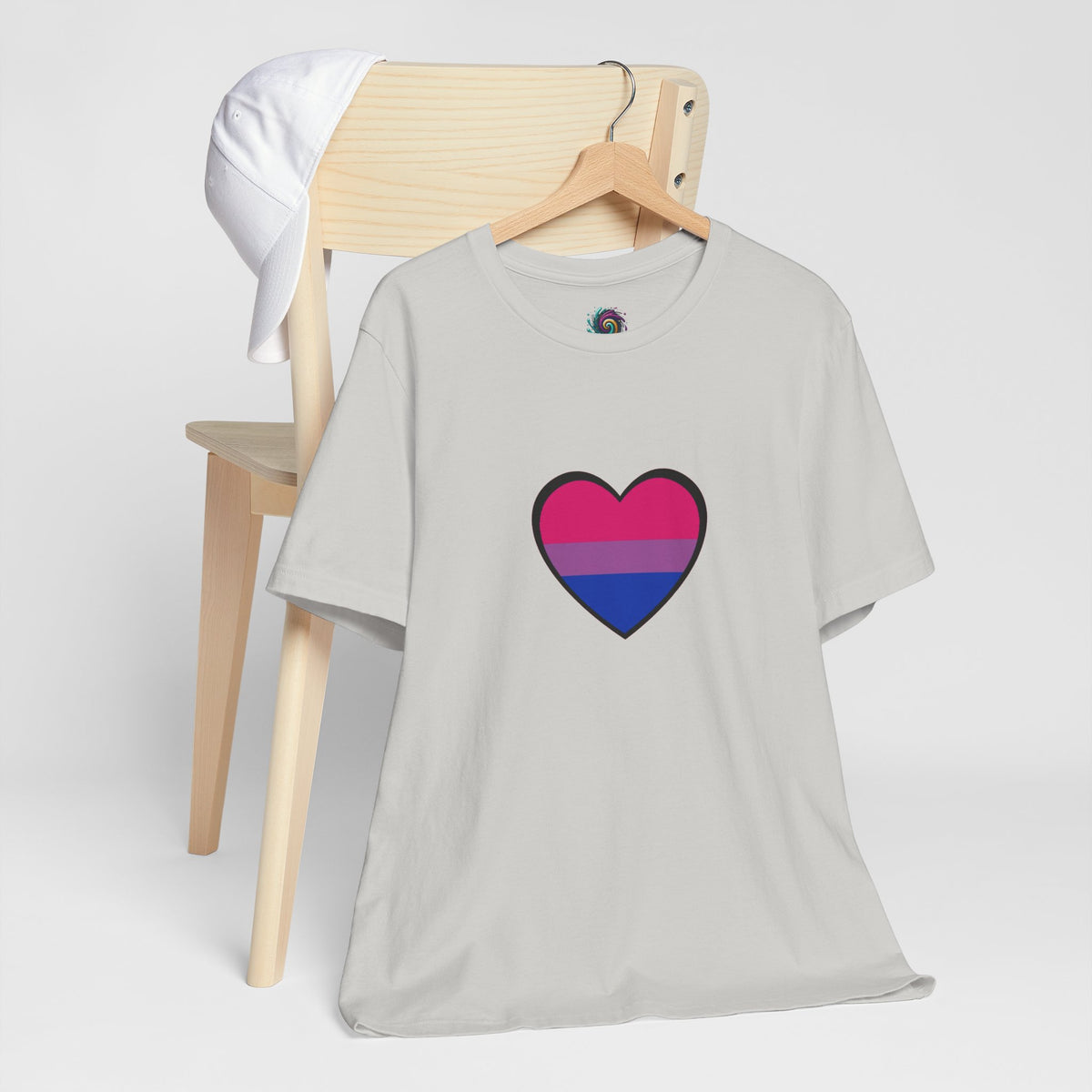 Light gray crew-neck T-shirt with bi pride heart graphic on chest