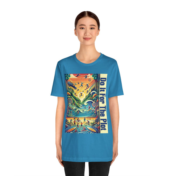 Blue crewneck graphic T-shirt with colorful central panel and vertical typography
