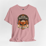 Soft pink crewneck t-shirt with “High Priestess” pumpkin spice front graphic