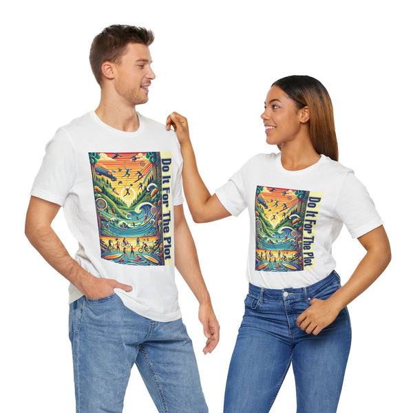 Two-person view: white graphic t-shirts with vertical “Do It For The Plot” poster-style print