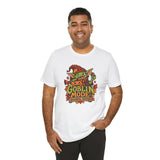 White crew-neck t-shirt with colorful goblin front graphic on a model