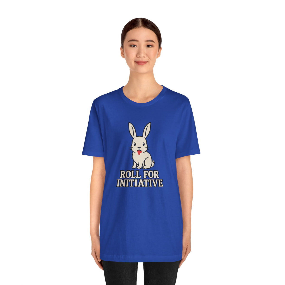 Blue crewneck T-shirt with bunny and “Roll for Initiative” text graphic