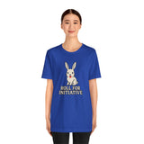 Blue crewneck T-shirt with bunny and “Roll for Initiative” text graphic