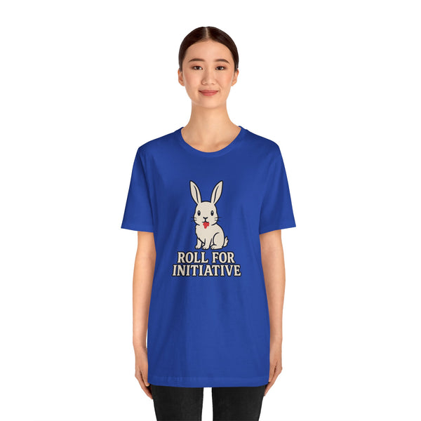 Blue crewneck T-shirt with bunny and “Roll for Initiative” text graphic