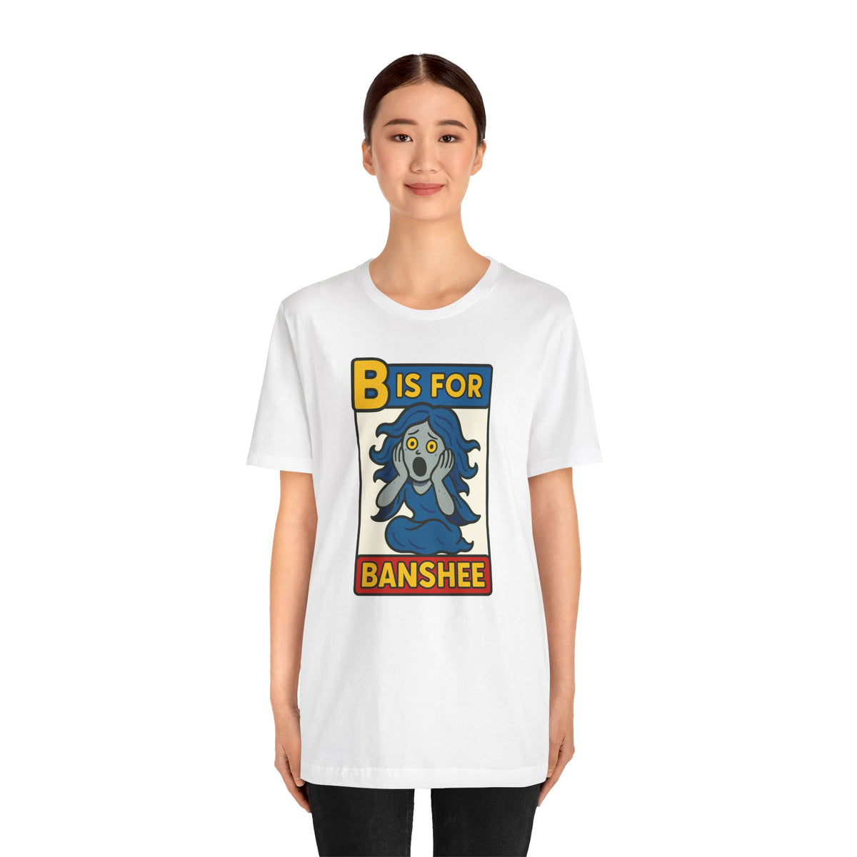 White crew-neck T-shirt with B is for Banshee square graphic featuring a blue ghost