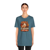 Heather teal crewneck T-shirt with 'FALL Calories DON'T COUNT' pumpkin graphic
