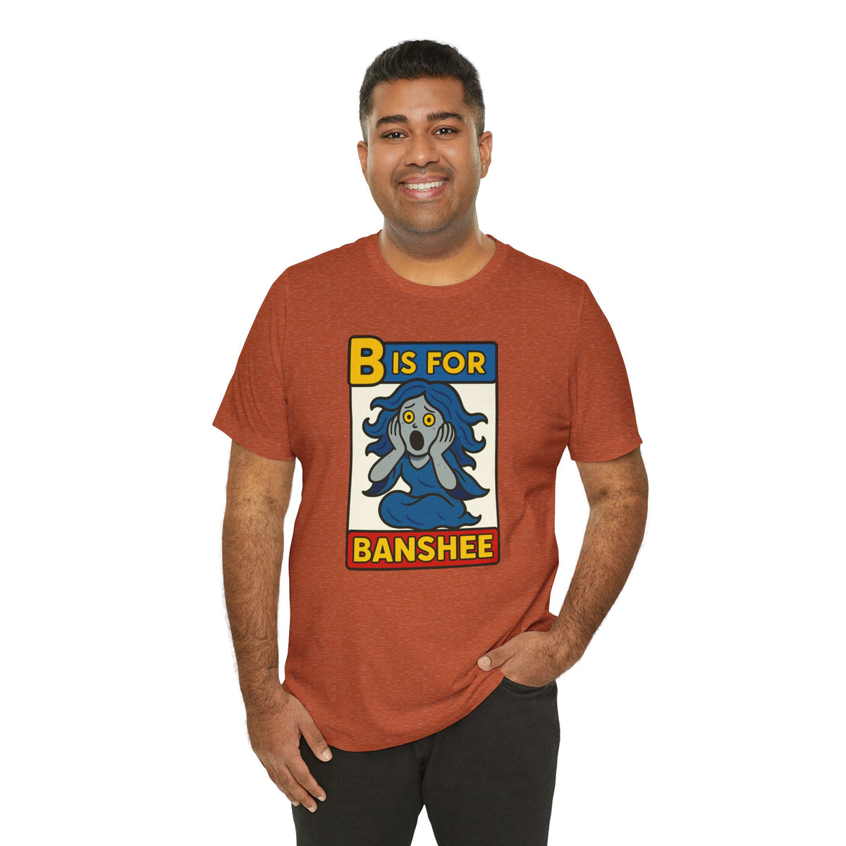 Burnt orange crewneck T-shirt with colorful 'B is for Banshee' print front