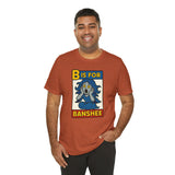 Burnt orange crewneck T-shirt with colorful 'B is for Banshee' print front