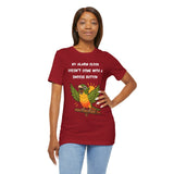 Red parrot alarm graphic t-shirt on model, front slogan and conure with wings