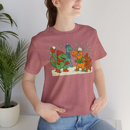 Dinosaur Snowball Fight T-Shirt – Funny Winter Dino Graphic Tee