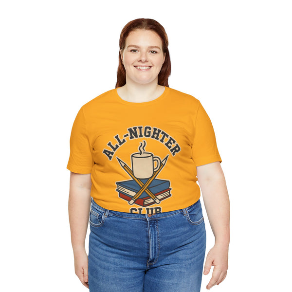 Orange T-shirt with caffeine cup and books 'All-Nighter Club' graphic