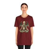 Unisex maroon crewneck T-shirt with meditating octopus-like creature graphic, front
