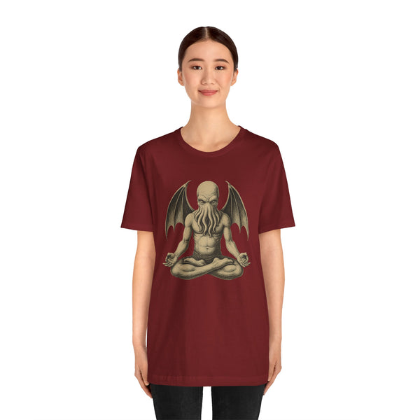 Unisex maroon crewneck T-shirt with meditating octopus-like creature graphic, front