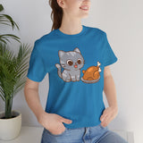 Aqua crew-neck t-shirt featuring gray cat and orange turkey cartoon graphic