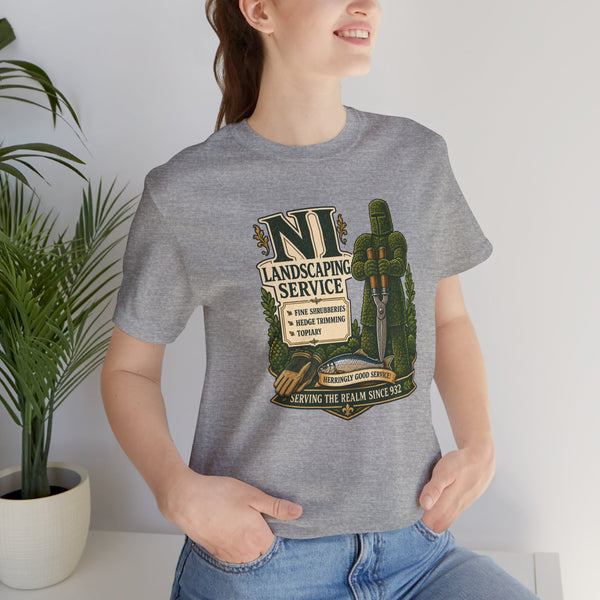 Heather gray crew-neck t-shirt with landscaping service badge graphic, short sleeves