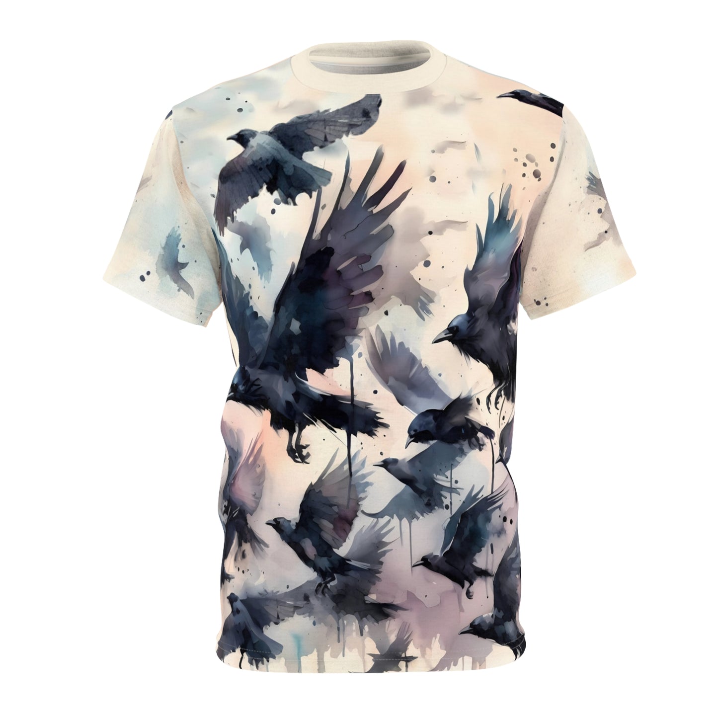 Watercolor Crow Flock T-Shirt – Gothic Raven Flight All-Over Art Tee