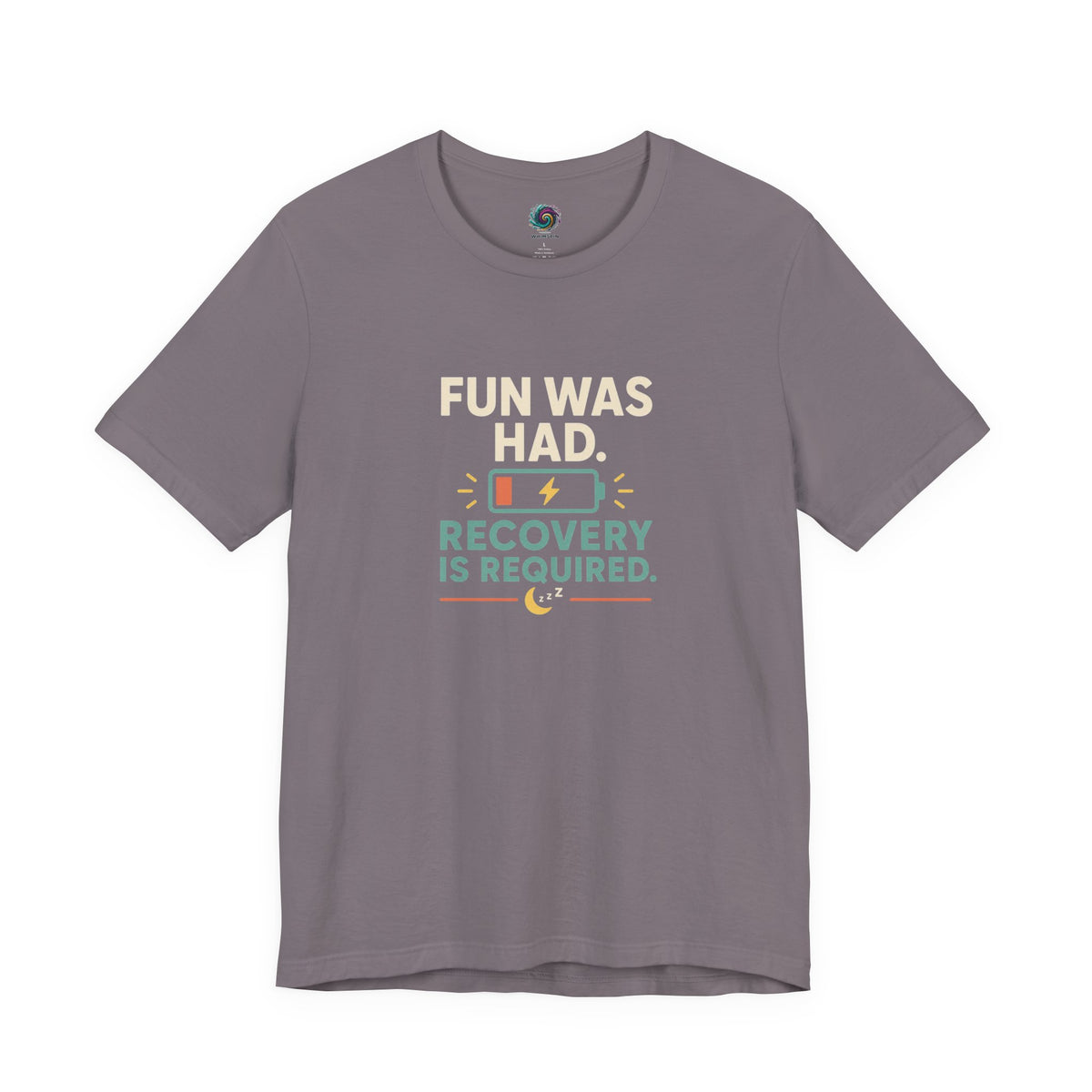 Storm gray crew-neck T-shirt with centered multicolor “FUN WAS HAD. RECOVERY IS REQUIRED.” print