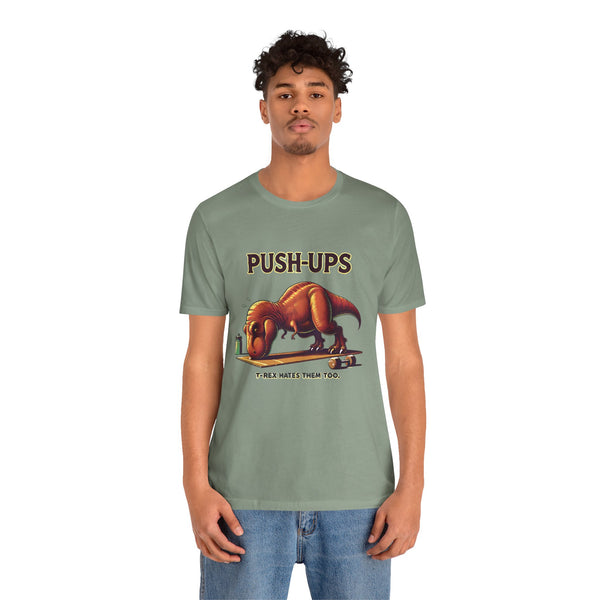 Green graphic T-shirt on model with T-rex “Push-ups” workout slogan print
