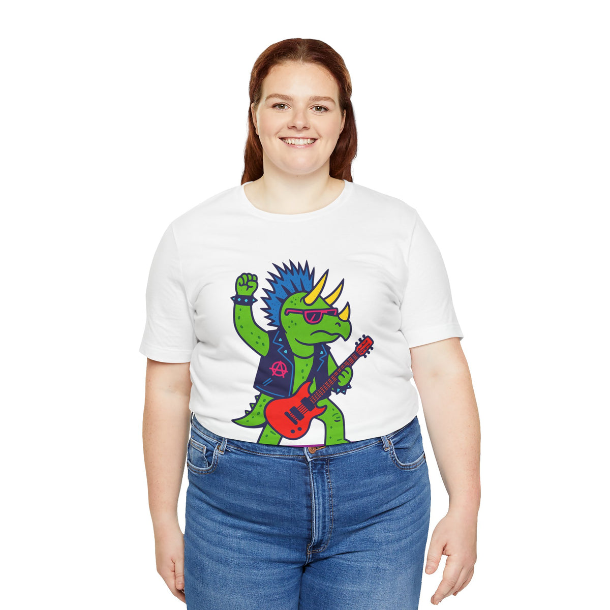 White crewneck T-shirt with colorful triceratops punk rocker graphic and red electric guitar