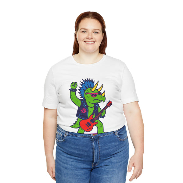 White crewneck T-shirt with colorful triceratops punk rocker graphic and red electric guitar