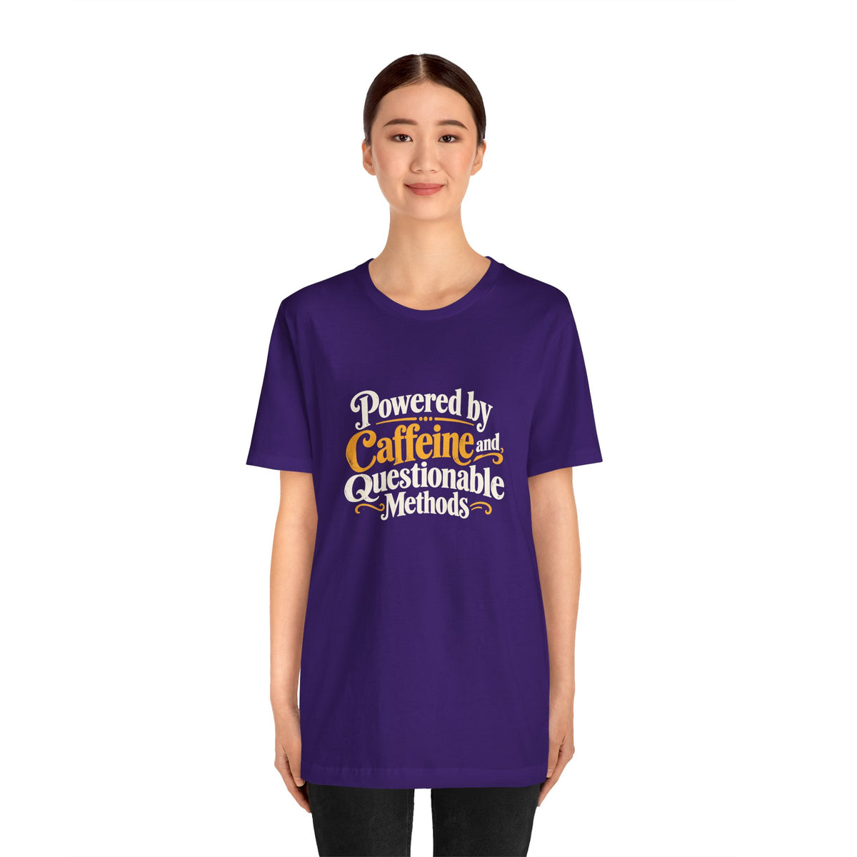 Purple crew-neck graphic T-shirt with centered Caffeine and Questionable Methods text