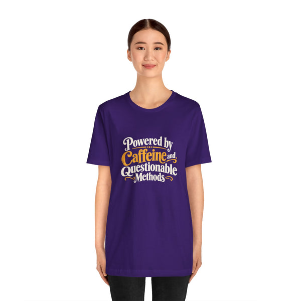 Purple crew-neck graphic T-shirt with centered Caffeine and Questionable Methods text