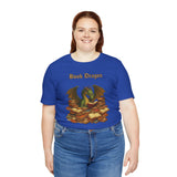 Royal blue t-shirt with dragon and book stack graphic, model standing front