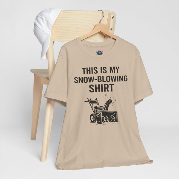 Tan crewneck T-shirt with “This Is My Snow-Blowing Shirt” text and snowblower graphic