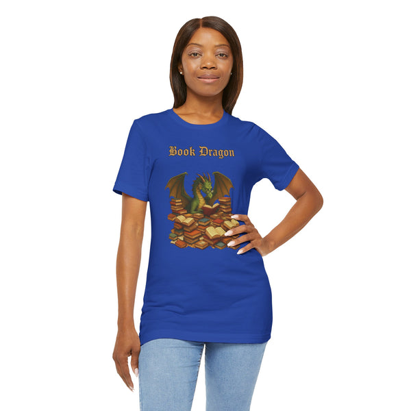 Royal blue t-shirt with “Book Dragon” text and dragon over books graphic, model front