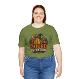 Olive green crew-neck T-shirt with witch gourd and fall flowers front graphic