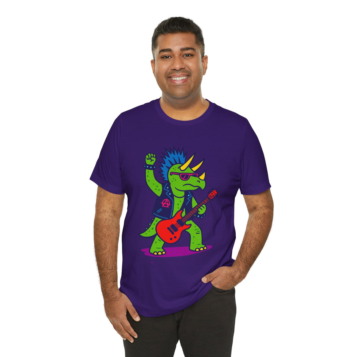 Purple crewneck graphic dinosaur t-shirt with triceratops playing guitar, relaxed fit