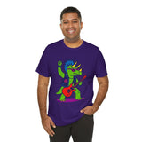 Purple crewneck graphic dinosaur t-shirt with triceratops playing guitar, relaxed fit