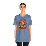 Steel blue crewneck T-shirt with 'FALL Calories DON'T COUNT' pumpkin graphic