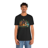Black crewneck T-shirt with colorful campfire cryptids graphic, model front view