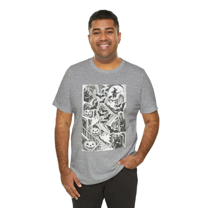 Haunted Hallways T-Shirt – Escher-Inspired Halloween Graphic Tee