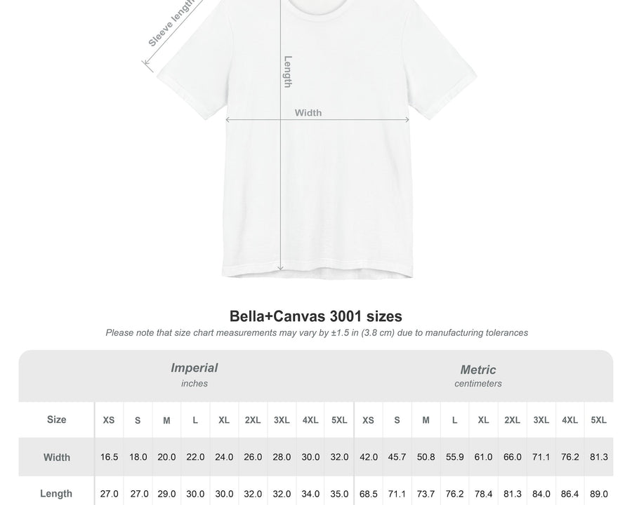 White t-shirt with measurement chart on a white background
