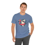 Blue crew-neck T-shirt with shark and flamingo graphic; short-sleeve tee
