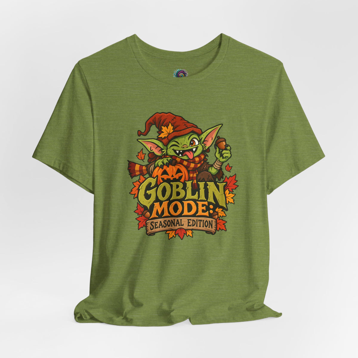Unisex olive green t-shirt with “Goblin Mode” seasonal edition graphic on front.
