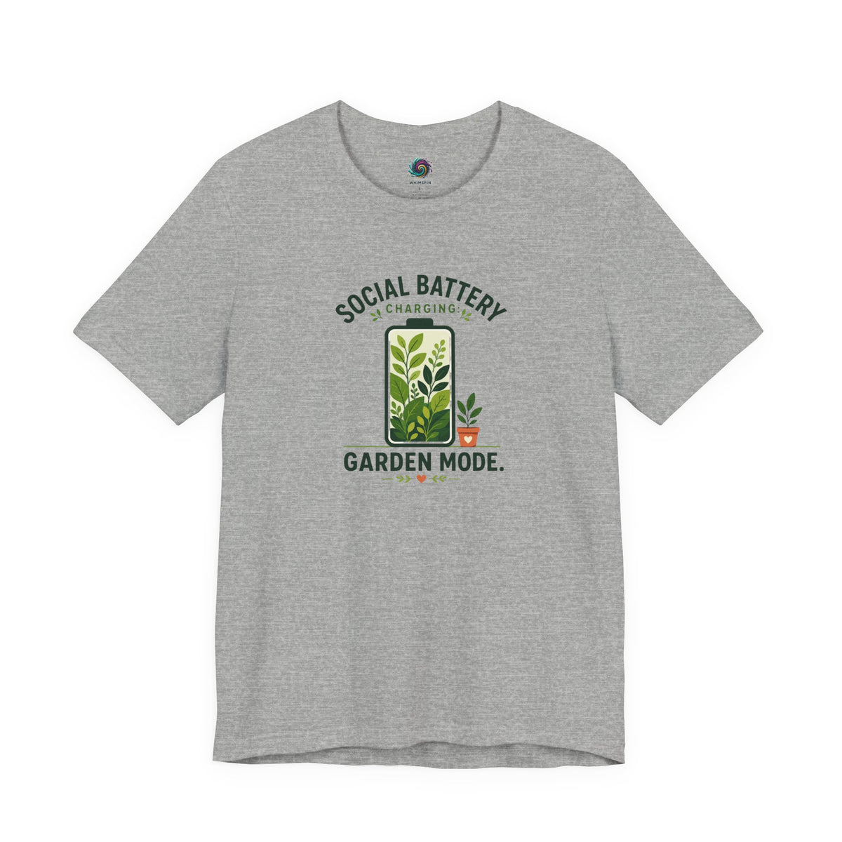 Gray garden mode t-shirt with 'Social Battery' charging and plant logo