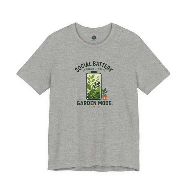 Gray garden mode t-shirt with 'Social Battery' charging and plant logo