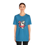 Aqua blue shark and flamingo floatie graphic t-shirt on model, front view