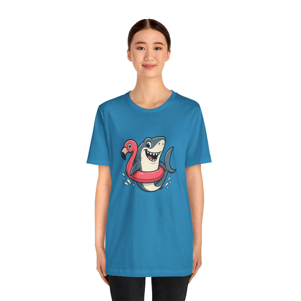 Aqua blue shark and flamingo floatie graphic t-shirt on model, front view