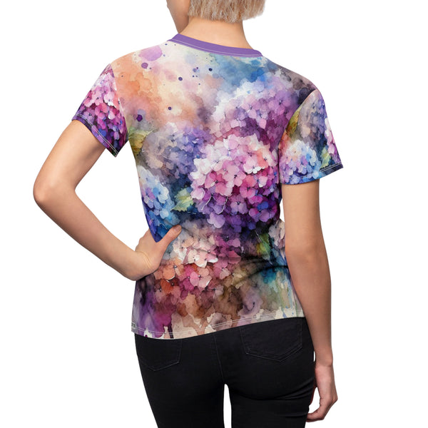 Women's watercolor hydrangea t-shirt back view, purple crew neck, short sleeves
