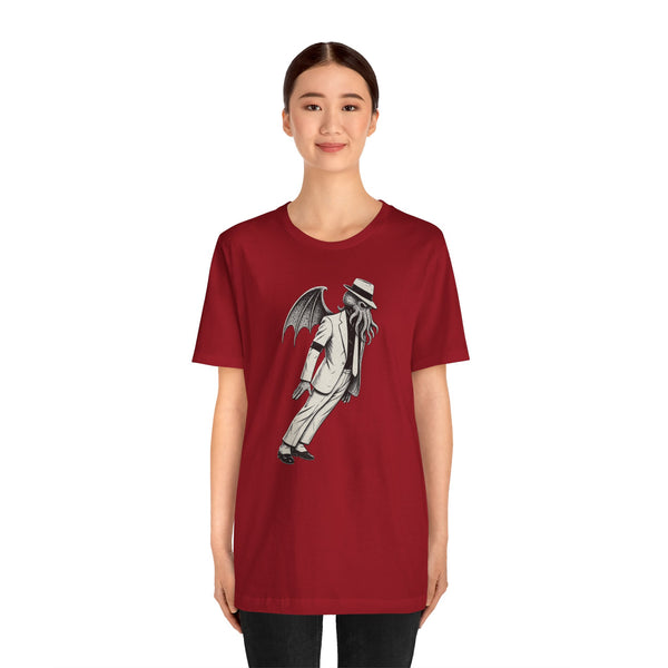 Red crewneck graphic t-shirt with tall monster figure front print