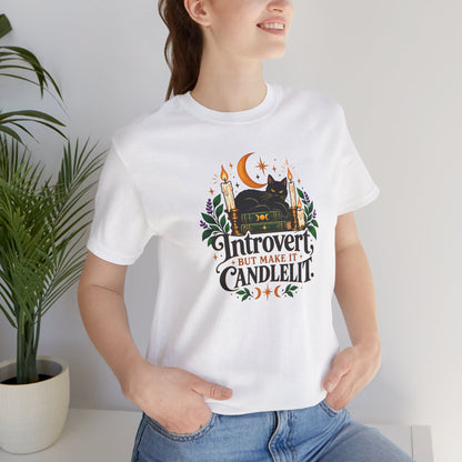 Introvert But Make It Candlelit T-shirt - Witchy Bookish Cat Tee